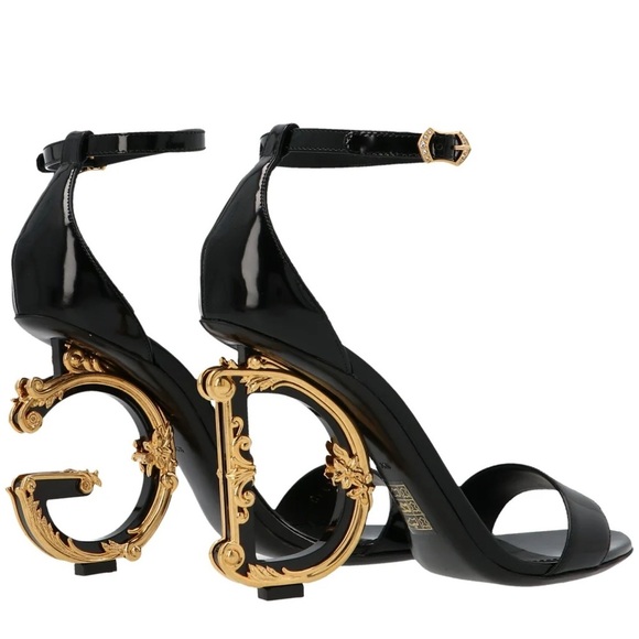 Dolce&Gabbana Black Gold Sculpted-Heel Baroque DG Patent Leather Sandals sz 38 8 - Picture 13 of 13